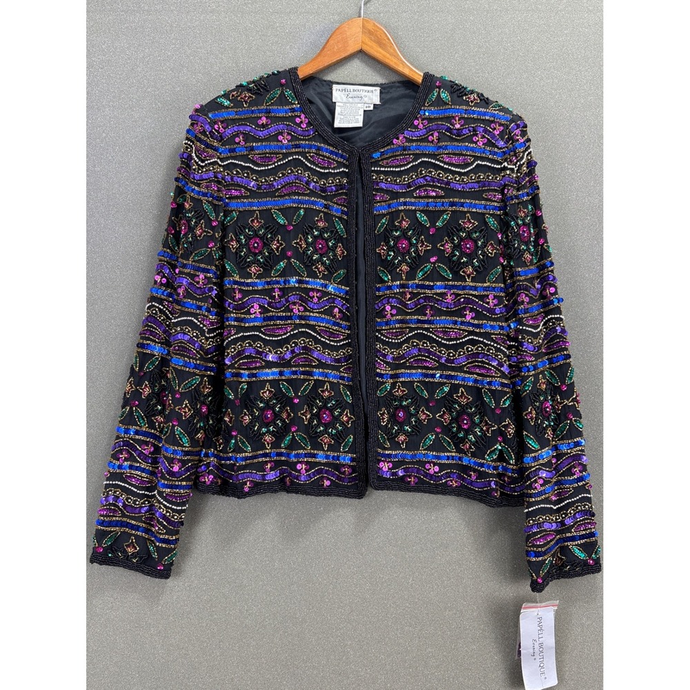 Papell Boutique Evening Silk Beaded Sequin Jacket Black Multicolor Vintage Sz 10